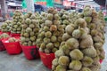 Basket full of durians at Talad Thai fruits market