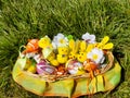 Basket full of Easter decorations sitting on the grass - Easter bunnies, Easter chicks and Easter eggs