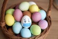 Basket full of Easter eggs and one with protective mask Royalty Free Stock Photo