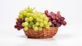 a basket full of fresh grapes, both green and red, against a white background Royalty Free Stock Photo