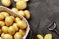 Basket full of fresh, young potatoes board, towel and knife on gray background Royalty Free Stock Photo