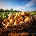 Basket full of freshly harvested potatoes in a summer field