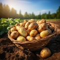Basket full of freshly harvested potatoes in a summer field