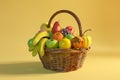 A basket full of fruit is displayed on a background with Generative AI Royalty Free Stock Photo