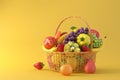 A basket full of fruit is displayed on a background with Generative AI Royalty Free Stock Photo