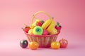 A basket full of fruit is displayed on a background with Generative AI Royalty Free Stock Photo