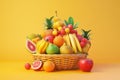 A basket full of fruit is displayed on a background with Generative AI Royalty Free Stock Photo