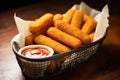 a basket full of golden brown mozzarella sticks