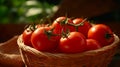 A basket full of green and red tomatoes on a wooden table Royalty Free Stock Photo