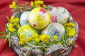 Basket full of handcolored Easter Eggs in decoupage Royalty Free Stock Photo