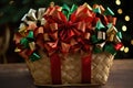 a basket full of red, green and gold holiday bows