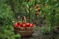 Basket full red tomatoes plants. freshly picked wicker basket. rustic. rich harvest Process greenhouse organic vegetable garden. Royalty Free Stock Photo