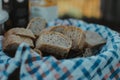 Basket full of toasted bread, closeup shot Royalty Free Stock Photo