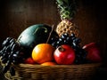 A basket full of tropical fruits against a brown walnut wood backdrop Royalty Free Stock Photo