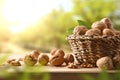 Basket full of walnuts on table in walnut field Royalty Free Stock Photo
