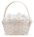 Basket full of white eggs on white background. Happy Easter decorations, template for label, gift greeting card, advertising