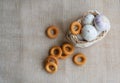 A basket of garlic and bread bagels on Royalty Free Stock Photo