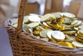 Basket in gold coins, dummy. The concept