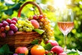 A basket of grapes and apples with a glass of wine Royalty Free Stock Photo