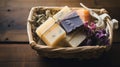 A basket of handcrafted soap bars made from natural ingredients, free of plastic packaging