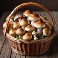 Basket of honey agarics on a wooden background.