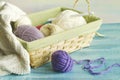 Basket with threads for knitting and crocheting.