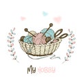 Basket with knitting, skeins of yarn, wool and needles. Vector