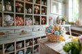 A basket of knitting yarn on a wooden table in an interior design Royalty Free Stock Photo