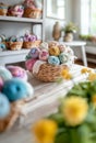 A basket of knitting yarn on a wooden table in an interior design Royalty Free Stock Photo