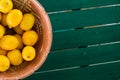 Clay pot basket of lemons on the coloful table with copyspace Royalty Free Stock Photo