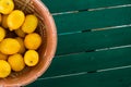 Clay pot basket of lemons on the coloful table with copyspace