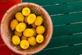 Clay pot basket of lemons on the coloful table with copyspace