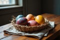 Basket on a linen cloth with dyed Easter eggs on a table by the window. Easter themed image Royalty Free Stock Photo