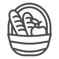 Basket with loaves and apple line icon, food concept, Picnic basket full of delicious fruits and bread sign on white Royalty Free Stock Photo