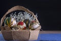 Basket made of jute filled with christmas balls