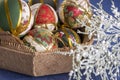 Basket made of jute filled with christmas balls