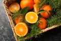 Basket with mandarins and pine branches on gray smoky background