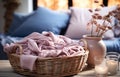 Basket with messy dirty light colored clothes on laundry room