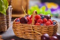 A basket of mixed summer berries blueberry, cherry, raspberry healthy food selective focus Royalty Free Stock Photo