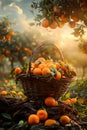 A basket of oranges sits on a heap of citrus fruits Royalty Free Stock Photo