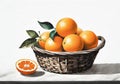 a basket of oranges on white table with white wall background realistic illustration