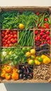 Basket of organic supermarket vegetables tomatoes, lemon, lime, peppers Royalty Free Stock Photo