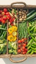 Basket of organic supermarket vegetables tomatoes, lemon, lime, peppers Royalty Free Stock Photo