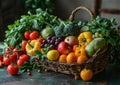 A basket overflowing with a diverse assortment of fresh fruits and vegetables, showcasing natures bountiful harvest. Royalty Free Stock Photo