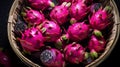 Basket overflowing with exotic dragon fruits, AI-generated.