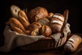 basket overflowing with freshly baked bread, including baguettes and rolls Royalty Free Stock Photo