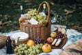 basket overflowing with fruits, cheeses, and wines for a decadent picnic
