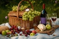 basket overflowing with fruits, cheeses, and wines for a decadent picnic