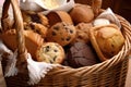 basket overflowing with muffins, scones, and other pastries for a tea party