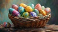 A basket overflowing with vibrantly colored, hand-painted Easter eggs. A festive display of spring colors and tradition Royalty Free Stock Photo